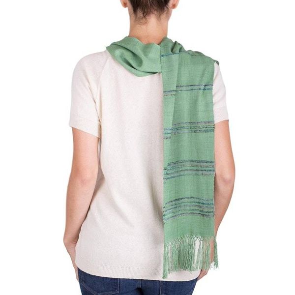 Alternate image for Backstrap Loom Handwoven Green Rayon Scarf Mystic Maya Meadows
