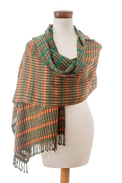 Alternate image for Geometric Viridian and Honey Cotton Shawl from Guatemala Viridian Sunday