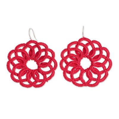 Alternate image for Circle Motif Hand-Tatted Dangle Earrings in Poppy Floral Roulette in Poppy