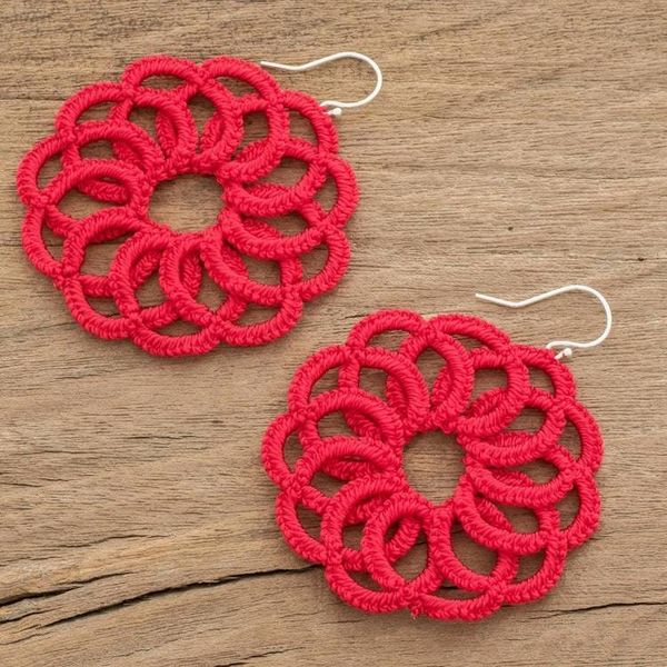 Alternate image for Circle Motif Hand-Tatted Dangle Earrings in Poppy Floral Roulette in Poppy
