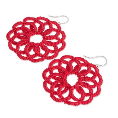 Alternate image for Circle Motif Hand-Tatted Dangle Earrings in Poppy Floral Roulette in Poppy