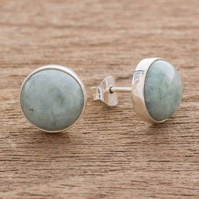 Alternate image for Circular Light Green Guatemalan Jade Stud Earrings Mayan Harmony in Green