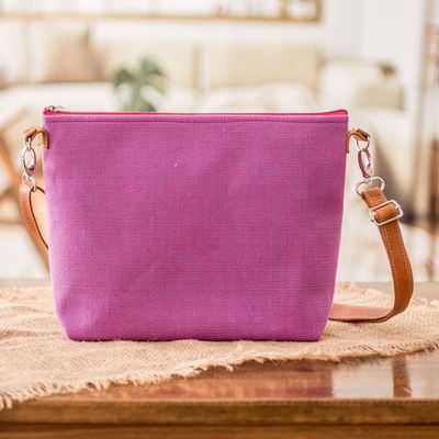 Primary image for Handwoven Pink Cotton Sling Bag with Leather Straps Silhouettes of Pink