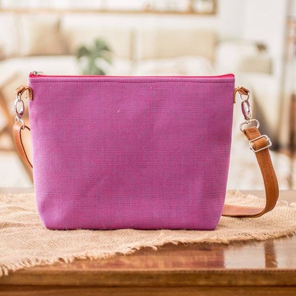 Alternate image for Handwoven Pink Cotton Sling Bag with Leather Straps Silhouettes of Pink