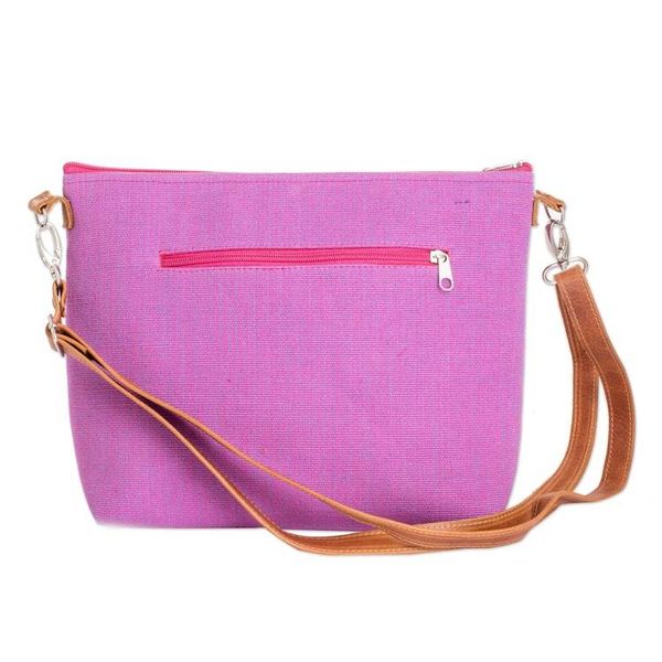 Alternate image for Handwoven Pink Cotton Sling Bag with Leather Straps Silhouettes of Pink