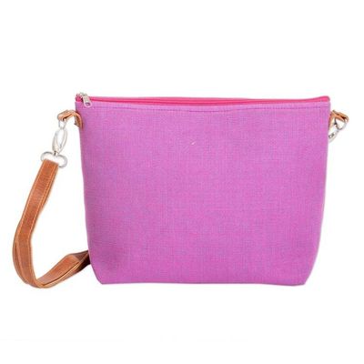 Alternate image for Handwoven Pink Cotton Sling Bag with Leather Straps Silhouettes of Pink