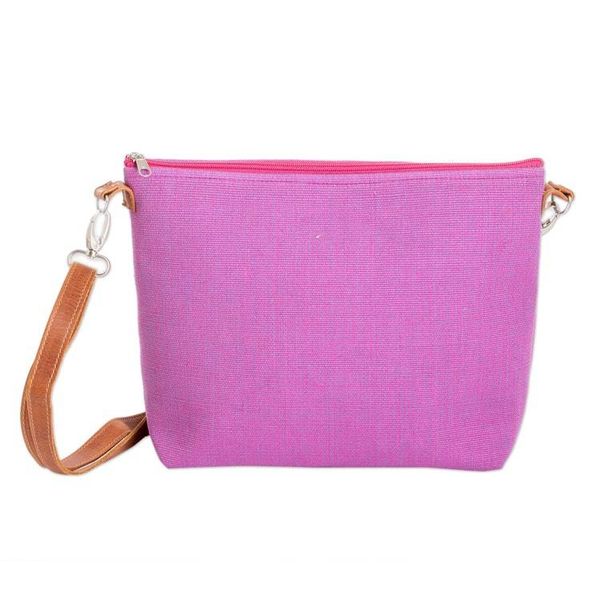 Alternate image for Handwoven Pink Cotton Sling Bag with Leather Straps Silhouettes of Pink