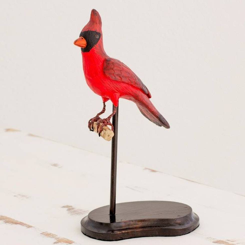 Guatemalan Ceramic Cardinal Sculpture on a Pinewood Stand 'Elegant Cardinal'