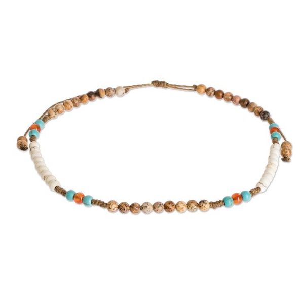 Alternate image for Unisex Turquoise and Jasper Beaded Anklet from Guatemala Guatemala Driftwood