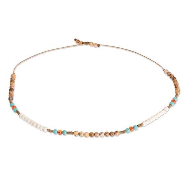 Alternate image for Unisex Turquoise and Jasper Beaded Anklet from Guatemala Guatemala Driftwood