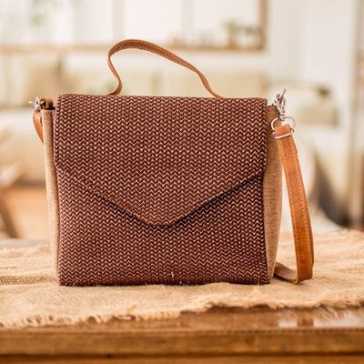 Alternate image for Leather-Accented Cotton Sling Bag in Brown and White Hues Chocolate Fate