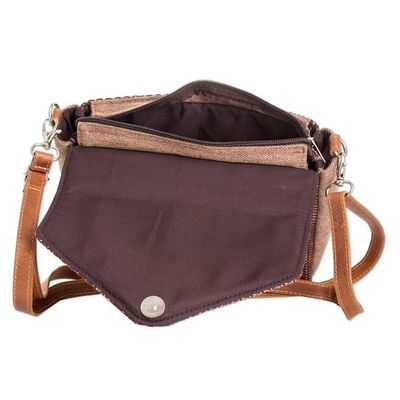 Alternate image for Leather-Accented Cotton Sling Bag in Brown and White Hues Chocolate Fate