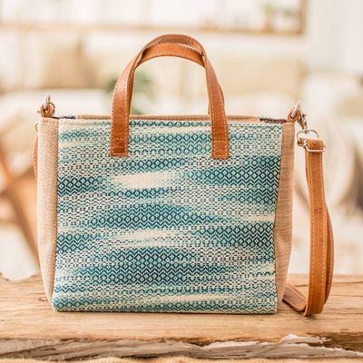 Primary image for Leather-Accented Abstract Teal and Aqua Cotton Shoulder Bag Oceanic Season