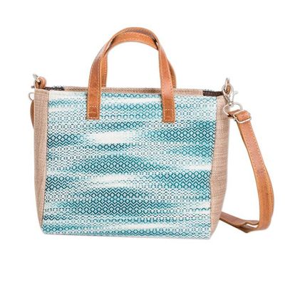 Alternate image for Leather-Accented Abstract Teal and Aqua Cotton Shoulder Bag Oceanic Season