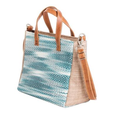 Alternate image for Leather-Accented Abstract Teal and Aqua Cotton Shoulder Bag Oceanic Season