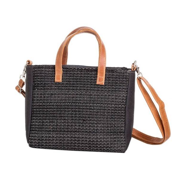 Alternate image for Leather-Accented Black and Ivory Cotton Shoulder Bag Mysterious Season