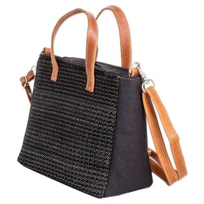 Alternate image for Leather-Accented Black and Ivory Cotton Shoulder Bag Mysterious Season