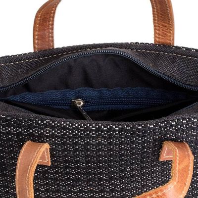 Alternate image for Leather-Accented Black and Ivory Cotton Shoulder Bag Mysterious Season