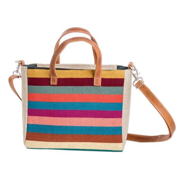 Alternate image for Leather-Accented Colorful Striped Cotton Shoulder Bag Tropical Season