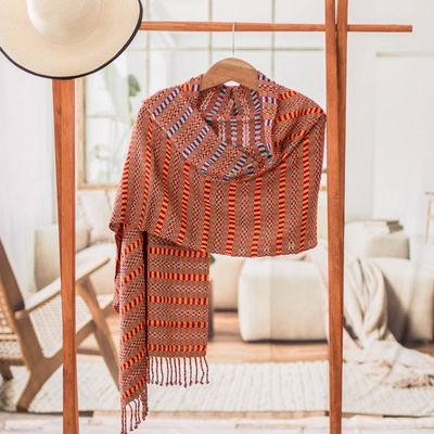 Primary image for Geometric Sunrise and Crimson Cotton Shawl from Guatemala Sunrise Sunday