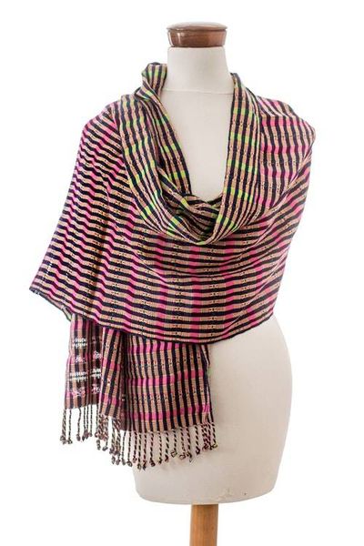 Alternate image for Handloomed Geometric-Patterned Cotton Shawl in Fuchsia Fuchsia Destinies