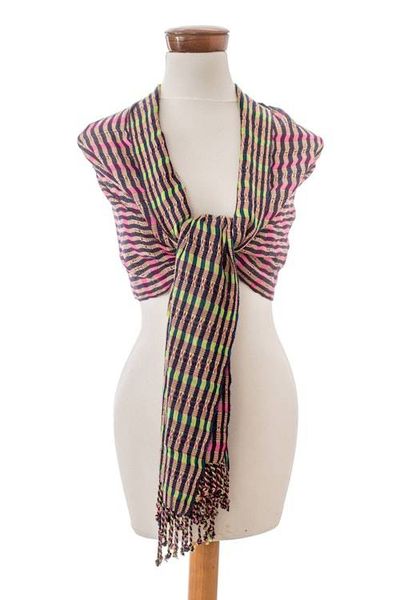 Alternate image for Handloomed Geometric-Patterned Cotton Shawl in Fuchsia Fuchsia Destinies