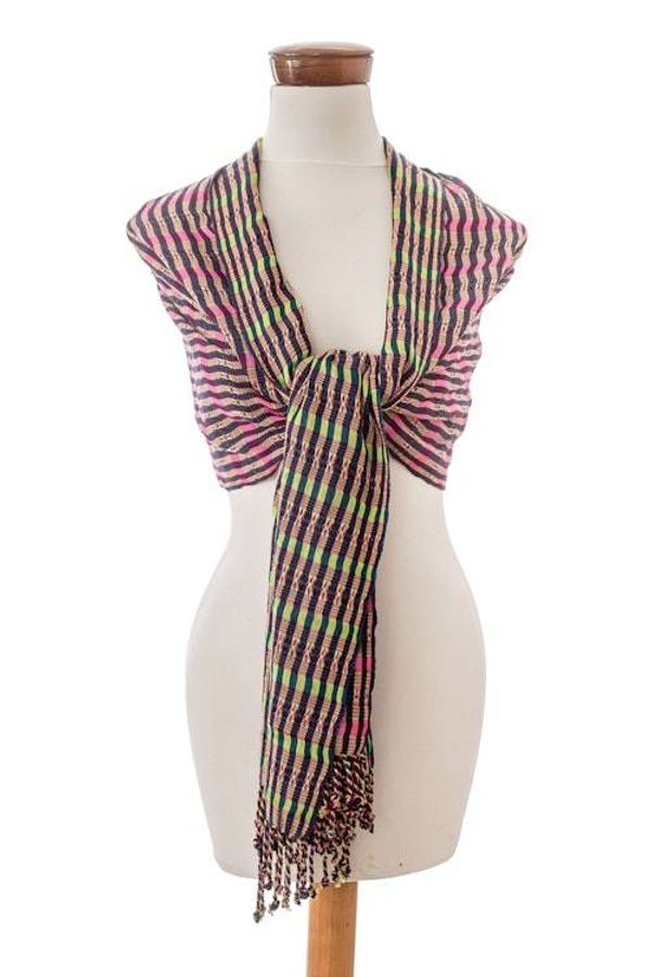 Alternate image for Handloomed Geometric-Patterned Cotton Shawl in Fuchsia Fuchsia Destinies