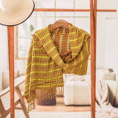 Primary image for Geometric Chartreuse and Brown Cotton Shawl from Guatemala Chartreuse Sunday