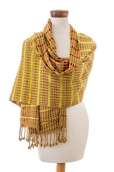 Alternate image for Geometric Chartreuse and Brown Cotton Shawl from Guatemala Chartreuse Sunday