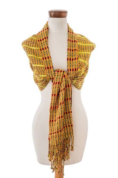 Alternate image for Geometric Chartreuse and Brown Cotton Shawl from Guatemala Chartreuse Sunday