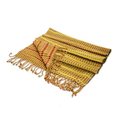 Alternate image for Geometric Chartreuse and Brown Cotton Shawl from Guatemala Chartreuse Sunday