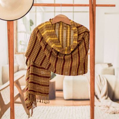 Alternate image for Handloomed Yellow Cotton Shawl with Cherry Red Accents Cherry Essences