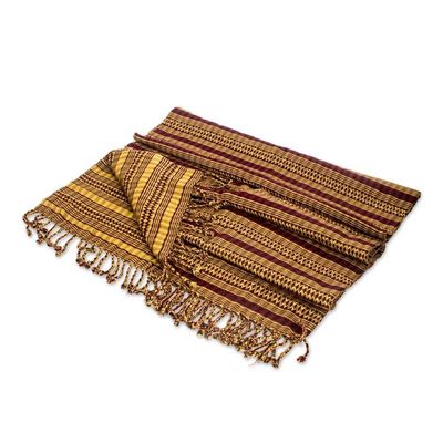 Alternate image for Handloomed Yellow Cotton Shawl with Cherry Red Accents Cherry Essences