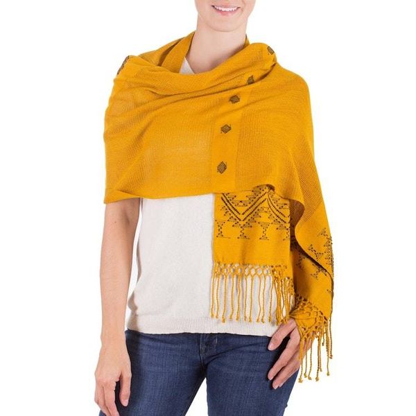 Alternate image for Unique Central American Embroidered Yellow Shawl Hillside Lullaby
