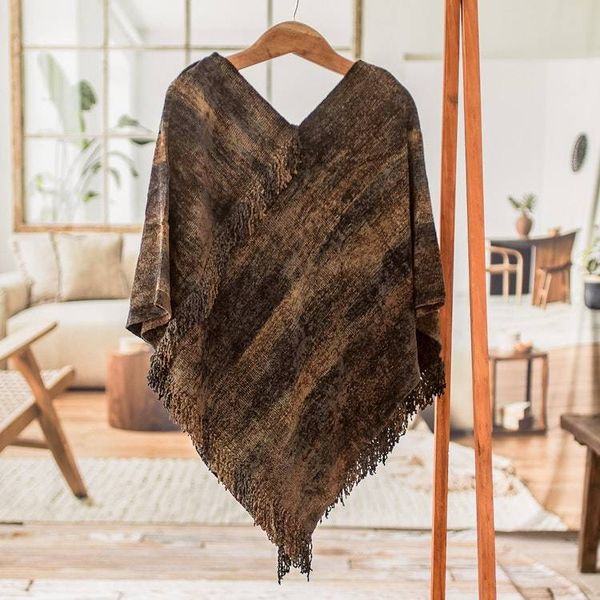 Alternate image for Handwoven Cotton Blend Poncho in Brown and Green Hues Our Earth