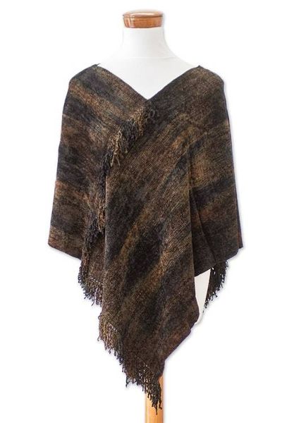 Alternate image for Handwoven Cotton Blend Poncho in Brown and Green Hues Our Earth