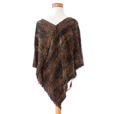 Alternate image for Handwoven Cotton Blend Poncho in Brown and Green Hues Our Earth