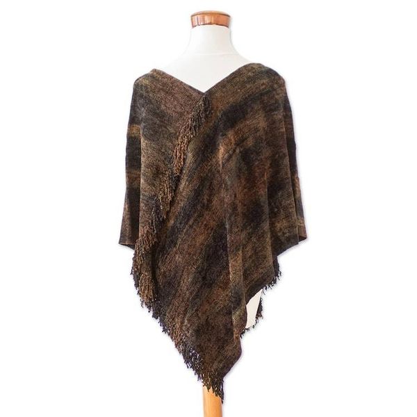 Alternate image for Handwoven Cotton Blend Poncho in Brown and Green Hues Our Earth