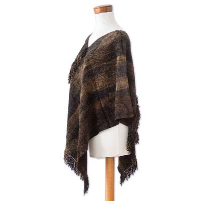 Alternate image for Handwoven Cotton Blend Poncho in Brown and Green Hues Our Earth