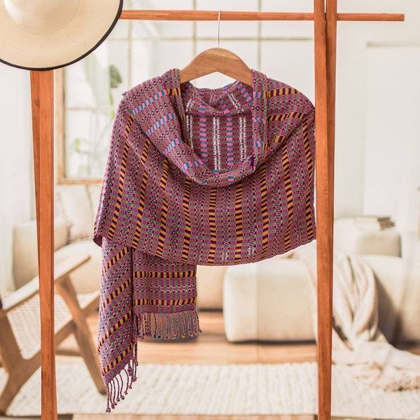 Alternate image for Geometric Boysenberry and Teal Cotton Shawl from Guatemala Boysenberry Sunday