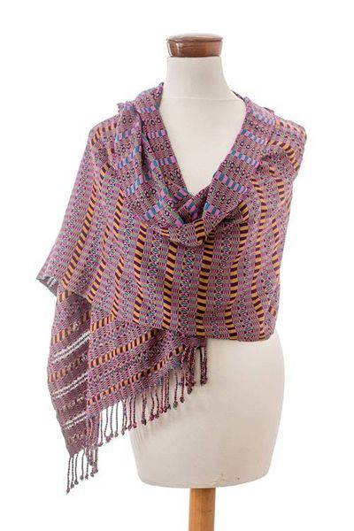 Alternate image for Geometric Boysenberry and Teal Cotton Shawl from Guatemala Boysenberry Sunday