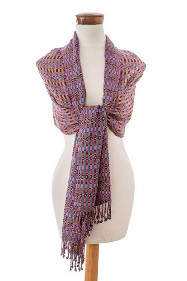 Alternate image for Geometric Boysenberry and Teal Cotton Shawl from Guatemala Boysenberry Sunday