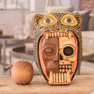Alternate image for Hand-Carved Wood Jaguar Warrior Mask from Guatemala Face of a Warrior