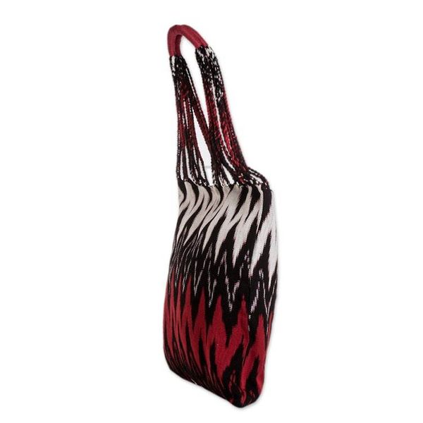 Alternate image for Hand-Woven Patterned Cotton Tote Bag in Red Black and White Volcano
