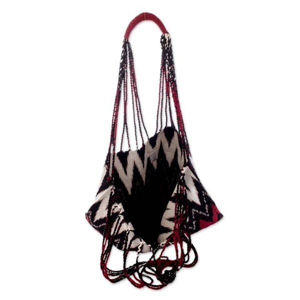 Alternate image for Hand-Woven Patterned Cotton Tote Bag in Red Black and White Volcano
