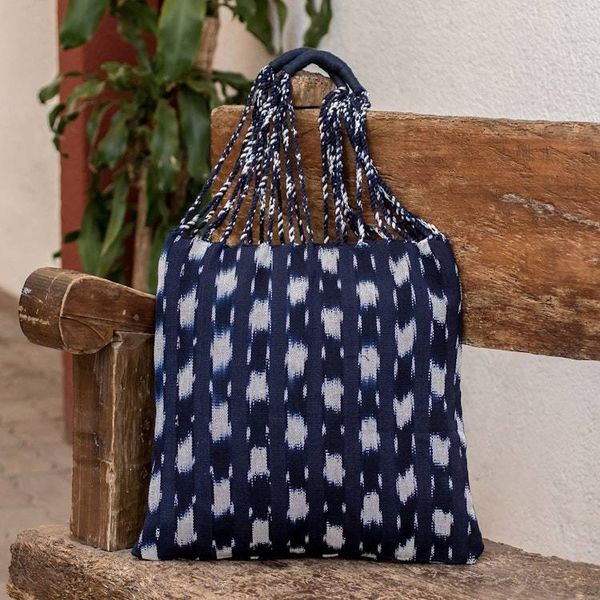 Alternate image for Hand-Woven Patterned Cotton Tote Bag in Blue and White Indigo