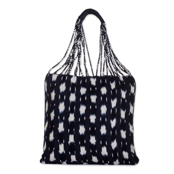 Alternate image for Hand-Woven Patterned Cotton Tote Bag in Blue and White Indigo