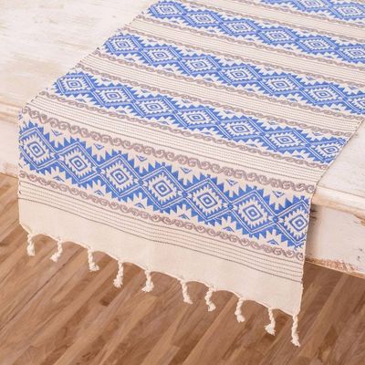Alternate image for Hand-Woven Fringed Cotton Table Runner in Blue Ivory  Grey Azure Diamond