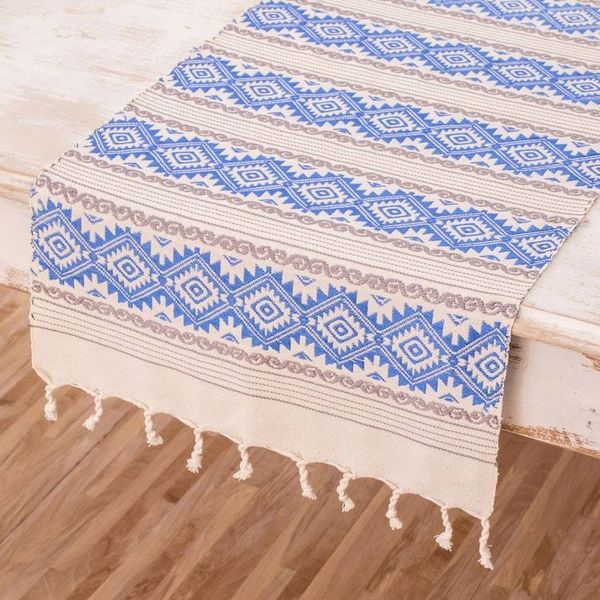 Alternate image for Hand-Woven Fringed Cotton Table Runner in Blue Ivory Grey Azure Diamond