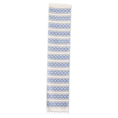 Alternate image for Hand-Woven Fringed Cotton Table Runner in Blue Ivory  Grey Azure Diamond